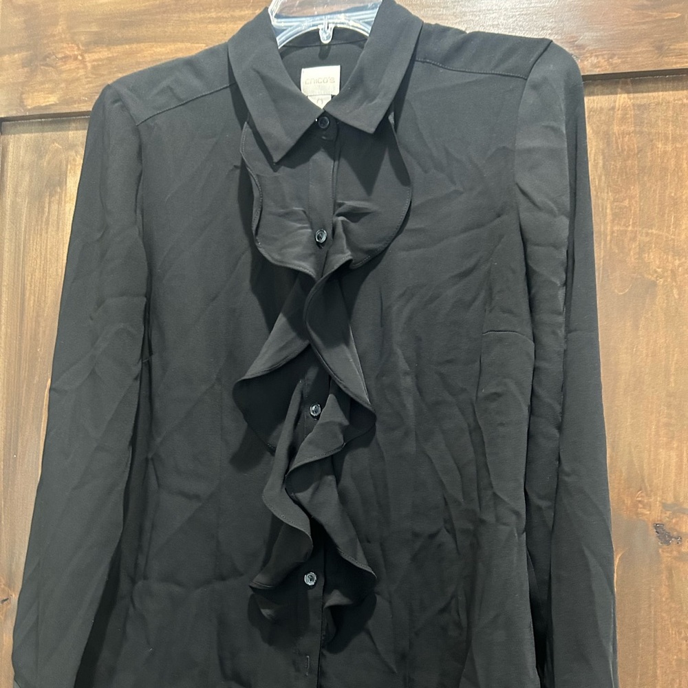 E423 Chico's BLACK RUFFLE Front Button Up Sheer Sz 1 (8-10) EUC